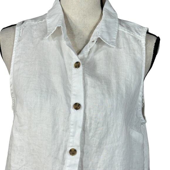 Jones & Co Medium Linen Top Button-Up Sleeveless Hi-Low Semi-Sheer Collar White - Picture 2 of 8